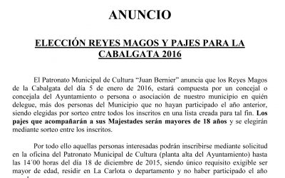 ANUNCIO  ELECCIÓN REYES MAGOS Y PAJES PARA LA CABALGATA 2016