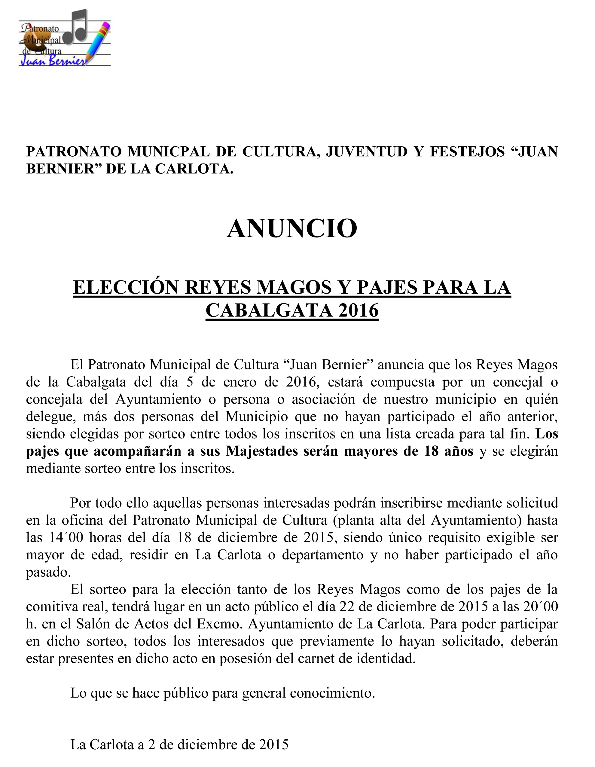 ANUNCIO  ELECCIÓN REYES MAGOS Y PAJES PARA LA CABALGATA 2016 1