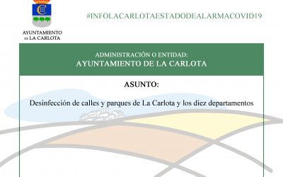 #INFOLACARLOTAESTADODEALARMACOVID19 DESINFECCIÓN DE CALLES Y PARQUES DE LA CARLOTA Y LOS DIEZ DEPARTAMENTOS