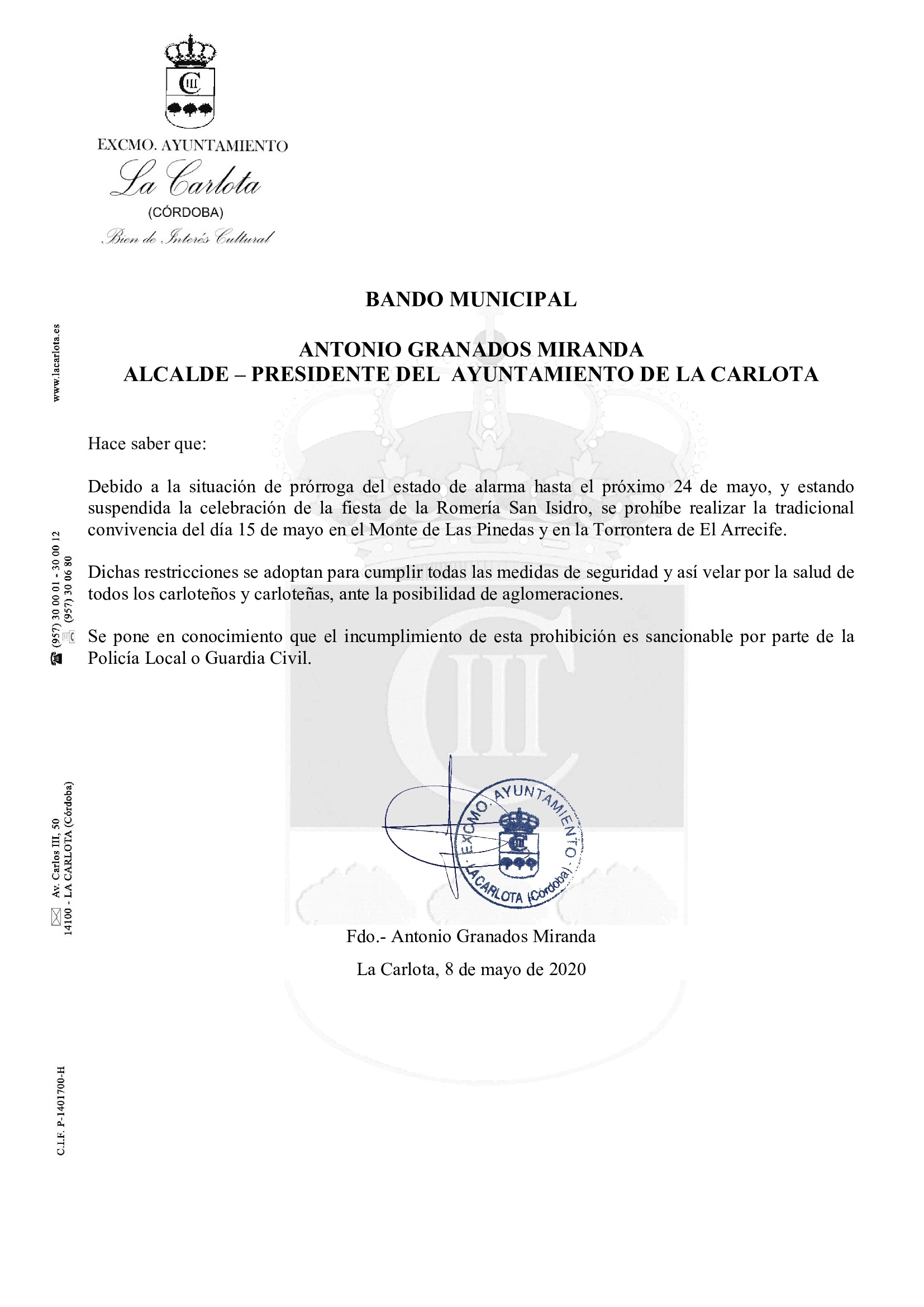 BANDO MUNICIPAL  ANTONIO GRANADOS MIRANDA ALCALDE – PRESIDENTE DEL  AYUNTAMIENTO DE LA CARLOTA 1